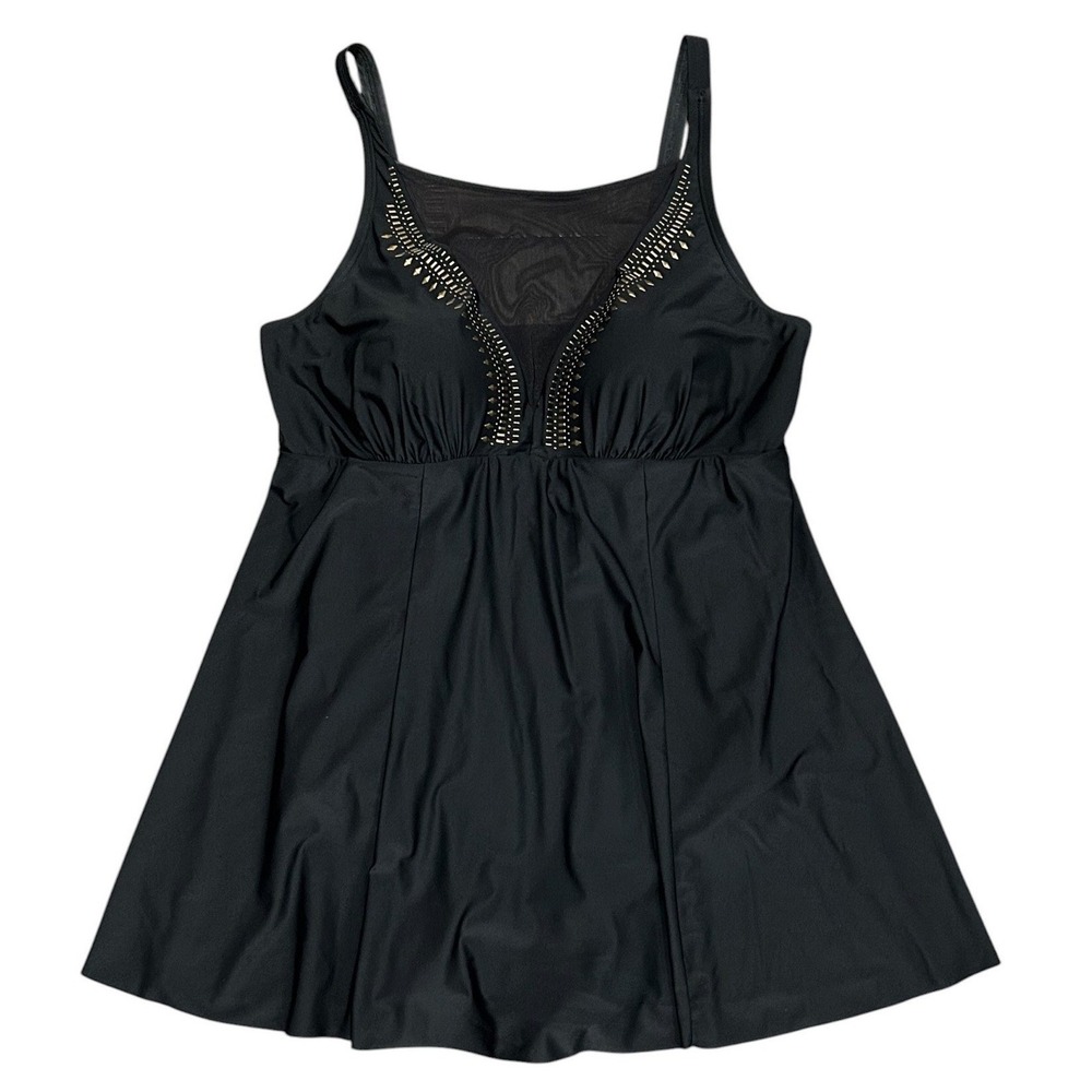 SWIMSUITS For All Black Studded Mesh V-Neck Swim Dress One Piece Plus Size 24
